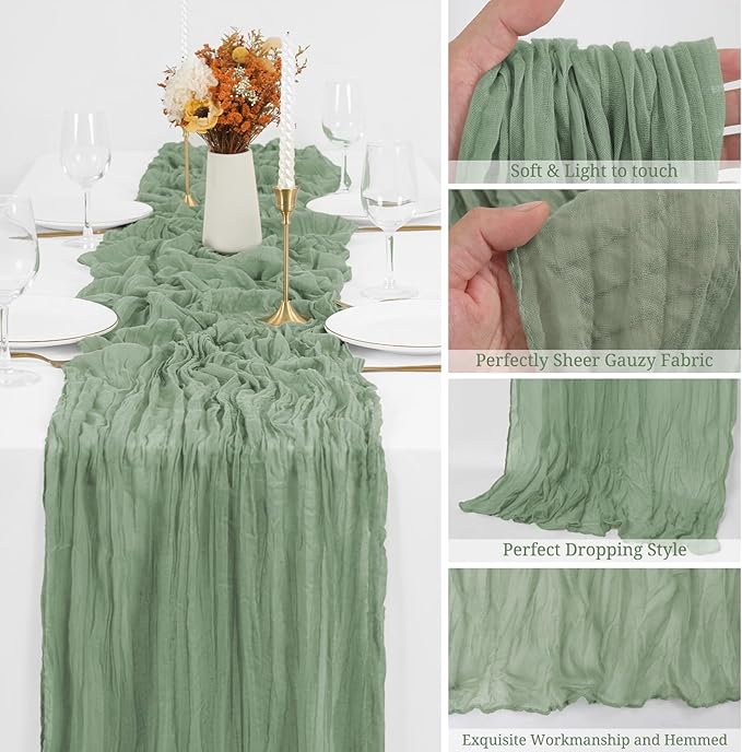 24 Pack Sage Green Cheesecloth Table Runner ,10FT Cheese Cloth Table Runner for Wedding Decor, 20x120inch Rustic Boho Gauze Table Runners for Wedding Party Bridal Shower Christmas