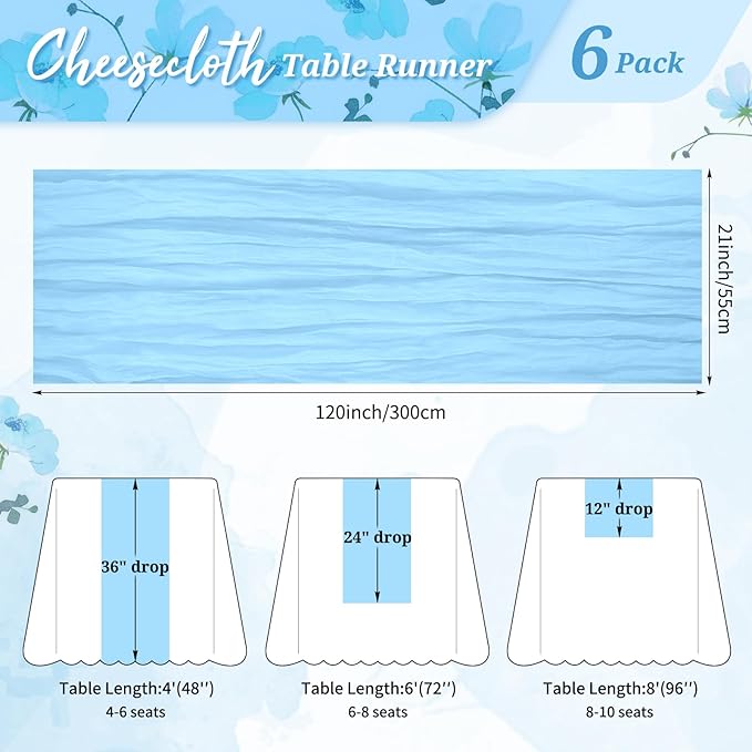 Light Blue Cheesecloth Table Runner 6 Pack 10FT - Boho Gauze Sheer Rustic Crinkled Table Runners for Wedding Party Baby Shower Bridal Decor