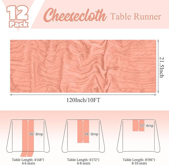 12 Pack Coral Table Runner 10Ft Cheesecloth Table Runner Rustic Gauze Table Runners Romantic Long Sheer Fabric Cheese Cloth Table Runners for Wedding Party Bridal Baby Shower