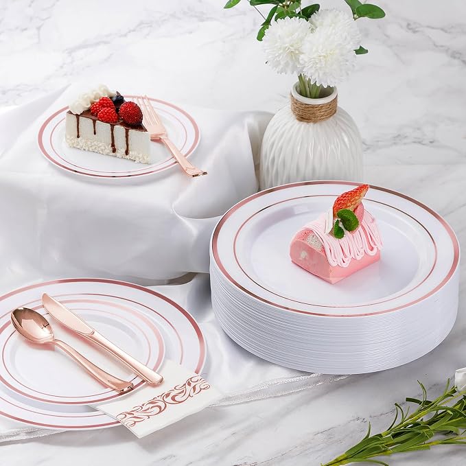 Goodluck 350 Pieces Rose Gold Dinnerware Set for 50 Guests, Plastic Plates Disposable for Party, Include: 50 Dinner Plates, 50 Dessert Plates, 50 Paper Napkins, 50 Cups, 50 Silverware Set