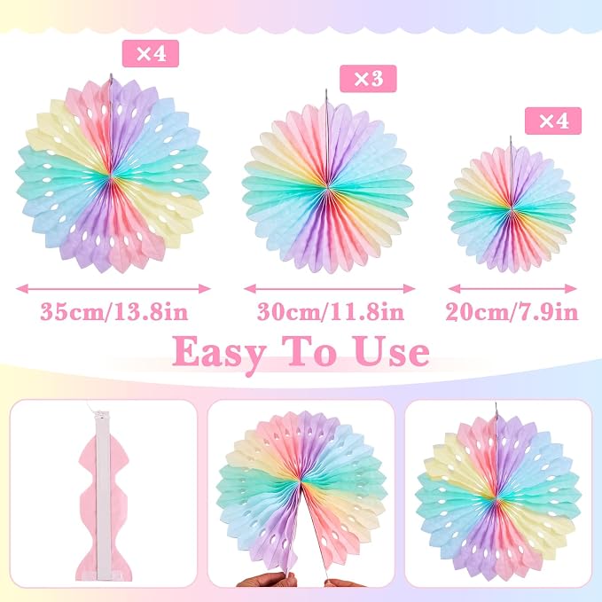 SUNBEAUTY Paper Fan, 11 Pcs Pastel Flowers for Wall, Rainbow Color-Blocking Hanging Decorations, Macarons Paper Fans Backdrop for Tea Party Weddding Spring Birthday Classroom Baby Shower Celebration