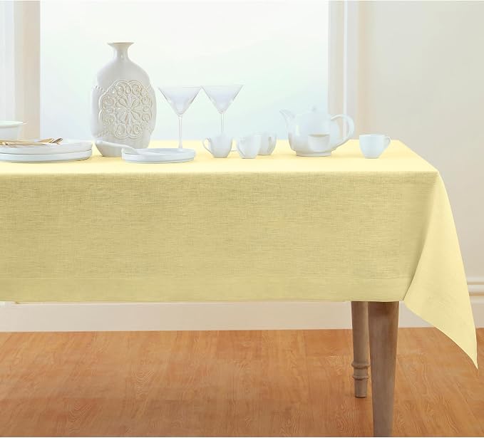 Solino Home Linen Tablecloth 60 x 90 Inch - 100% Pure Linen Chambray Yellow Table Cloth for Rectangular Tables - Athena, Machine Washable Cloth Tablecloth for Summer