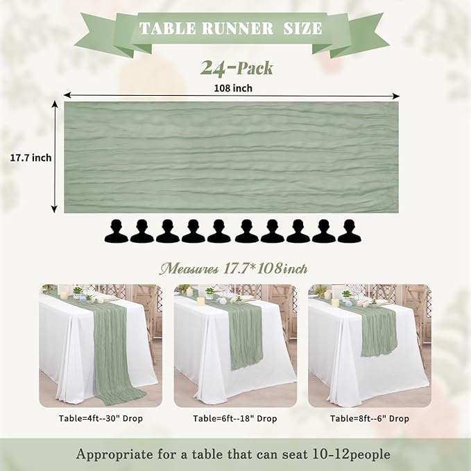 Pesonlook 24 Pack Sage Green Table Runner, Cheesecloth Table Runner Long Romantic Semi Sheer Rustic Boho Gauze Table Runners for Wedding Bridal Shower Birthday Party Decorations(17.7×108 Inch)