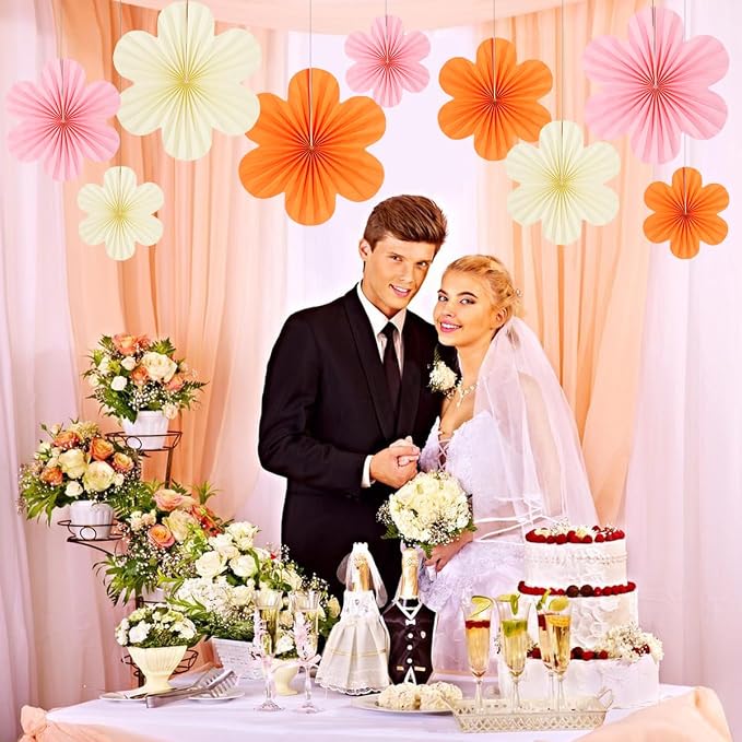 DODOKIM Paper Fans Party Decorations Paper Flowers Decorations for Wall Floral Backdrop Classroom Baby Shower Birthday Party Flower Wall Decor Pack of 9 Pink Orange Ivory