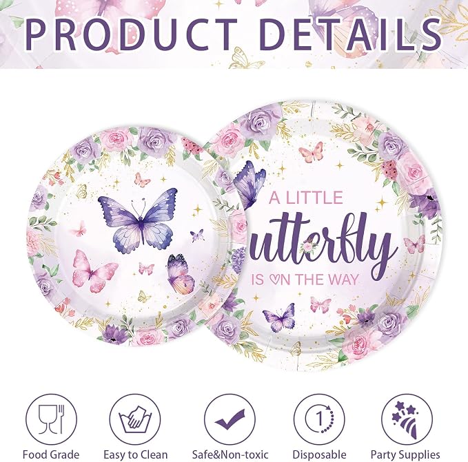 250 Pcs Butterfly Baby Shower Decorations A Little Butterfly is on The Way Tableware Set Include Purple Floral Plates Napkins Cups for Kids Girls Baby Shower Birthday Supplies Serves 50