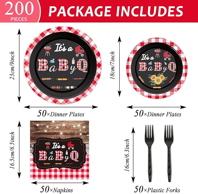 200pcs BBQ Baby Shower Plates Napkins Baby Q Paper Tableware Set It's A BabyQ Cake Dessert Disposable Dinnerware Rustic Barbecue Party Decoration for Baby Shower Birthday Decor Supplies Serves 50