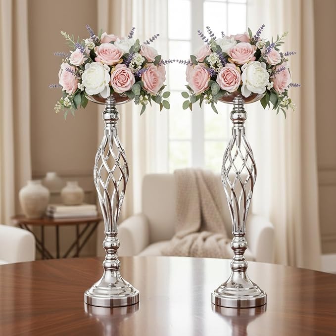 Silver Wedding Vases for Table Centerpieces - 2pcs of Twist Candleholder Stands, Elegant Floral Arrangement Vases, Metal Centerpieces for Reception Table Wedding Road-Leading Home Decor