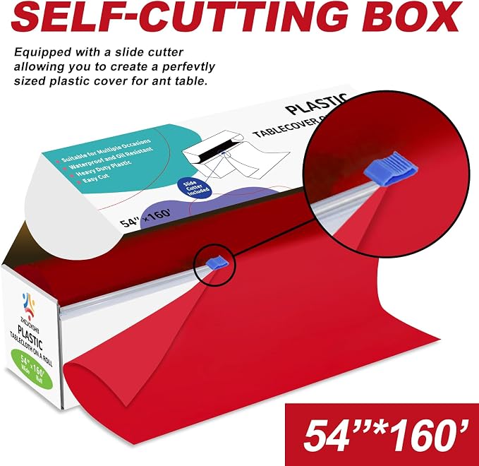 54IN X 160FT Plastic Table Cover Roll with Cutter Box, Cut to Size Plastic Table Cloths for Parties, Birthday, Disposable Tablecloth Roll for All Shape Tables (Red, 54 Inch X 160 Feet)