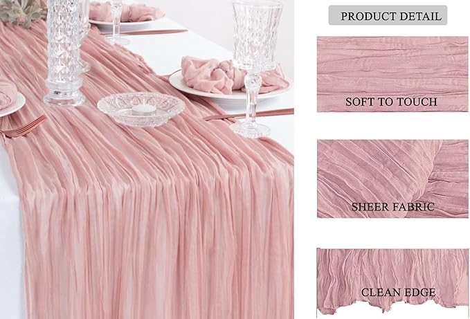 MDS Pack of 3 Cheesecloth Table Runner 35x120 Inch, 10FT Long Gauze Cheese Cloth Table Runner for Wedding Party Birthday Bridal Shower Farmhouse Garden Boho Rustic Table Decoration - Blush Pink