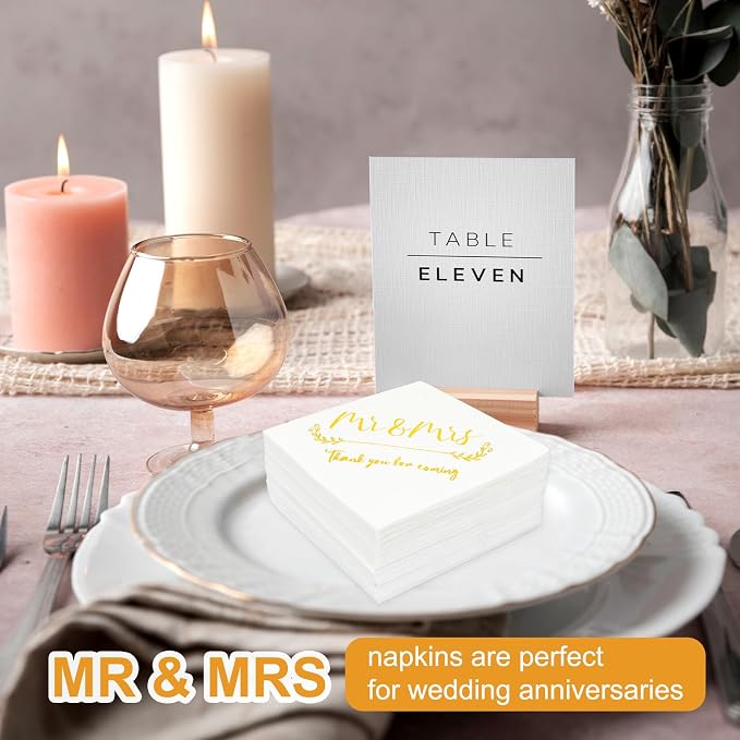 200 Pack Gold Foil Mr and Mrs Wedding Cocktail Napkins for Wedding Party Reception Dessert Cake Table Decorations Welcome to Our Beginning Disposable Napkins