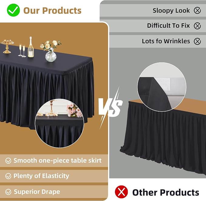 PARTISKY 1 Pack Black Tablecloths for Rectangle Tables 6ft, Wrinkle Resistant Black Table Cover Fitted Stretch Table Cloth with Pleated Ruffle Skirts for Party Banquet Dining Birthday Wedding