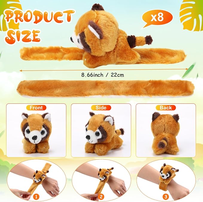 Lenwen 8 Pcs Stuffed Red Panda Animals Slap Bracelets for Kids 8.66 Inch Back to School Plush Animal Bracelets Adopt a Red Panda Favors Wrist Slap Snap Band Toy for Boys Girls Birthday Party Gifts