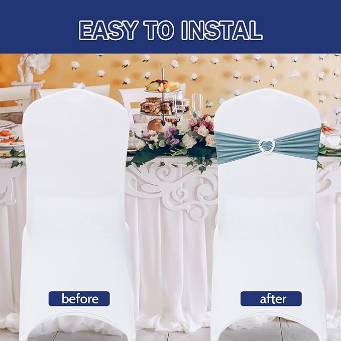 Howhic Pack of 60 Spandex Chair Sashes Bows Stretch Chair Cover Band with Buckle Slider Universal Elastic Chair Ties for Wedding Banquet Party Event Decoration (Dusty Blue)