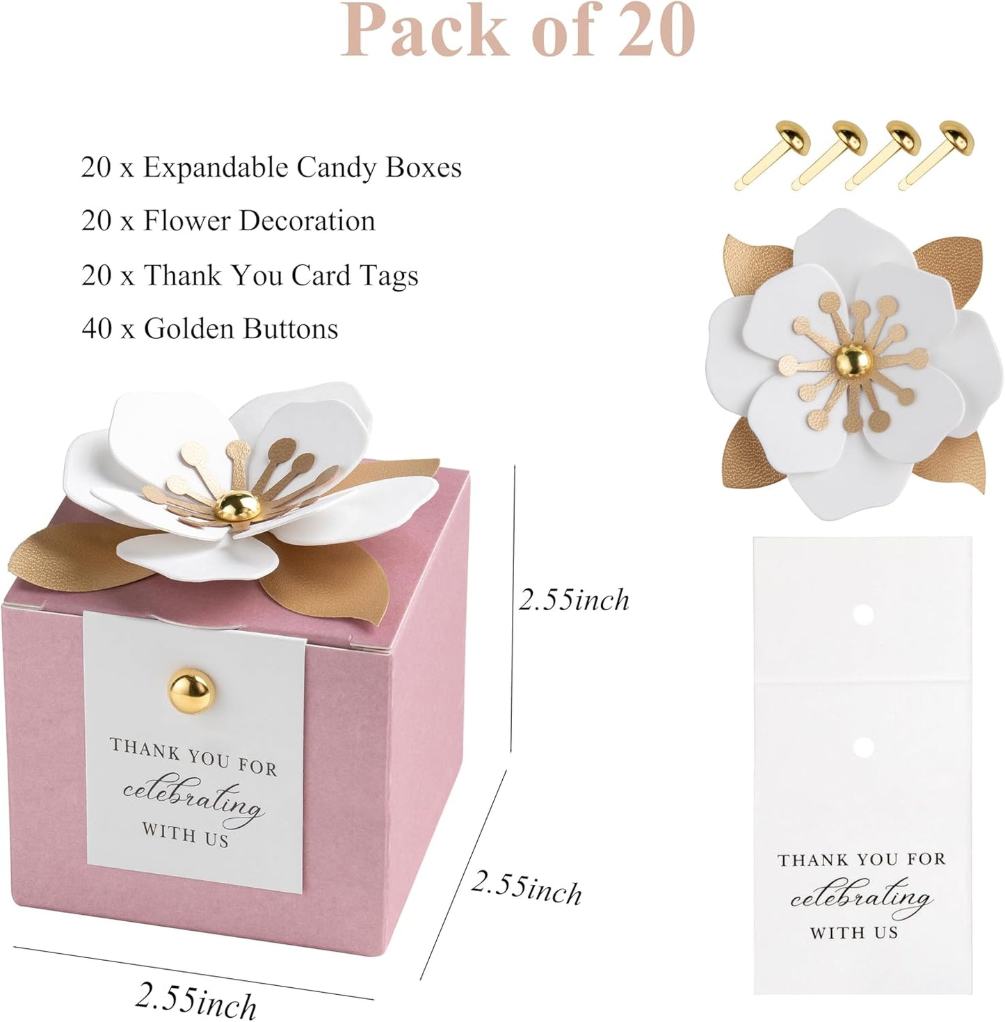 FEIYI 20 PCS Candy Boxes, 3 In 1Dusty Rose Favor Boxes with Floral Decor, White Thank You Tags Gift wrapping for Wedding Birthday Baby Shower Decorations Party -2.55x2.55x2.55''