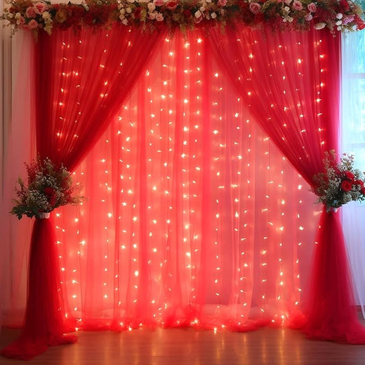 20x10ft Red Tulle Backdrop Curtain with Lights String for Parites, Sheer Backdrop Curtains for Wedding Baby Shower Birthday Party Photo Shoot Decorations