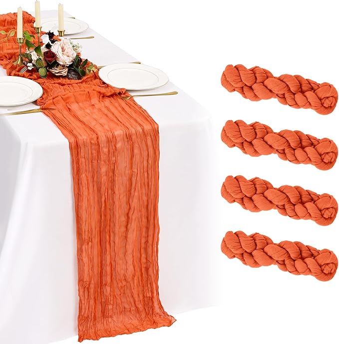 4 Pack Cheesecloth Table Runner 10FT Orange Table Runner Boho Gauze Cheese Cloth Table Runners Long Rustic Sheer Table Decorations for Wedding Party Baby Bridal Shower Birthday Holiday Home