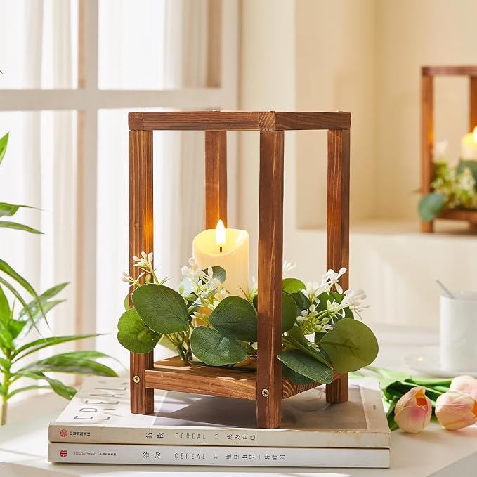 42 Pcs/14 Set Wooden Wedding Lantern Centerpiece,Wooden Centerpieces for Tables-with 14 Holders 14 Candles 14 Wreaths for Rustic Table Decoration Country Barn Wedding Party (Brown)