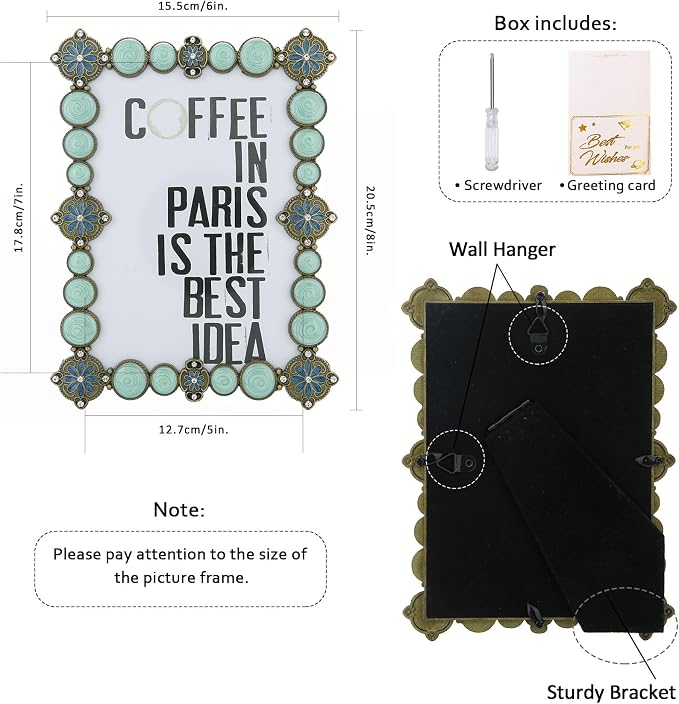 5x7 Vintage Picture Frame Ornate Metal Green Enamel Photo Frames with Glass Front, Tabletop Art Decoration, Creative Gifts Ideas for Women, Horizontally & Vertically