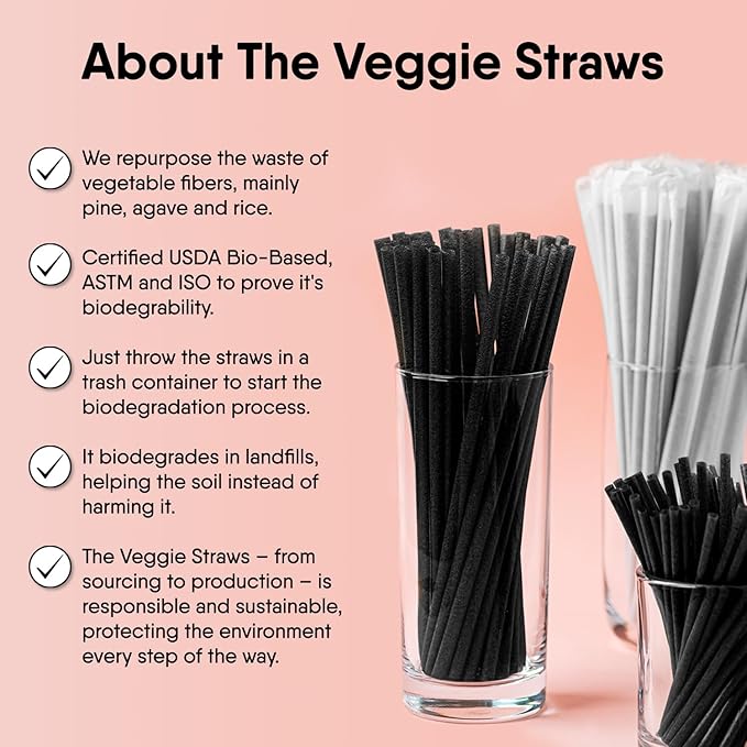 The Veggie Straws – 300 PCS of 8.25 Inches Unwrapped Biodegradable Black Straws – Made of Vegetable Fibers, Best Environment Friendly Drinking Straws for Hot and Cold Beverages