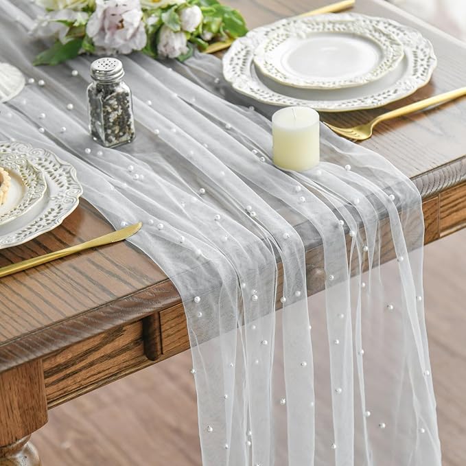Artoid Mode 10PCS Pearl Gauze Table Runner 120 Inch 10FT, Seasonal Sheer Dining Holiday Wedding Birthday Baby Shower Table Decor for Home Party
