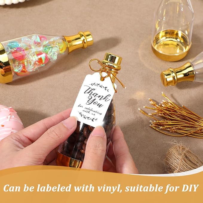 50 Pcs Mini Champagne Bottles, Gold Plastic DIY Small Champagne Candy Bottles Bulk with Gift Tags Gold Strings and 65 ft Rope, Mini Bottle Containers for Wedding Party Favor Baby Shower Birthday