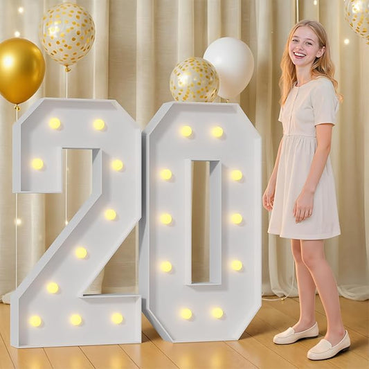 4FT 20 Marquee Numbers 20 Light Up Numbers for Party Large Foam Cardboard Warm White Light Sign Backdrop Birthday Party Decorations