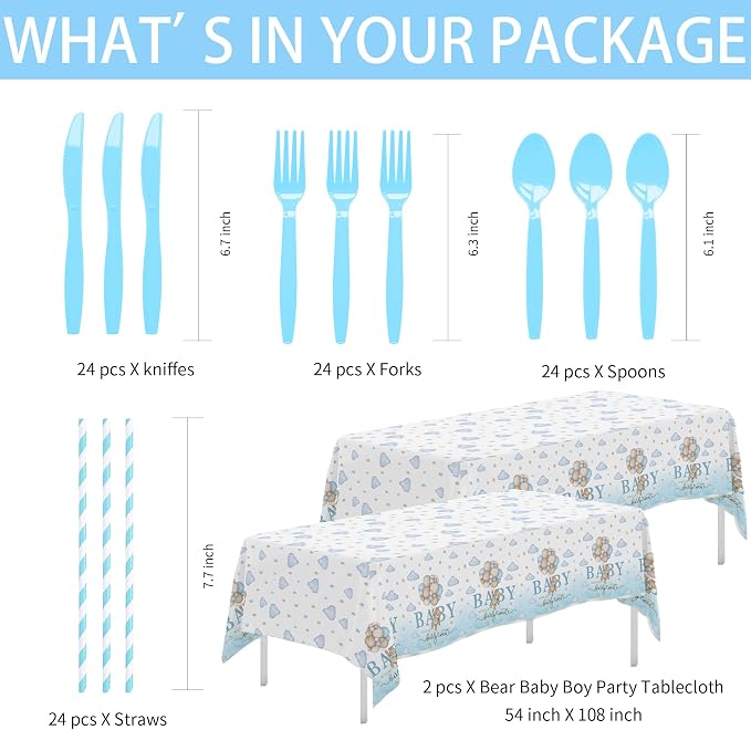 Bear Baby Shower Decorations Boy Tableware - Blue Bear We Can Bearly Wait Baby Shower Decorations Party Supplies, Paper Plate, Napkin, Cup, Cutlery, Tablecloth, 24 Guests