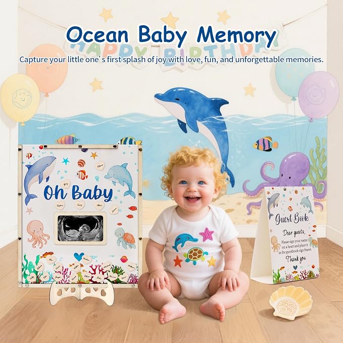 Under The Sea Baby Shower Decorations,Ocean Animals Baby Shower Guest Book Alternatives with Whale Pen,60 Heart Wood Slices for 60 Guests,Oneder The Sea Birthday Party Decorations Girl
