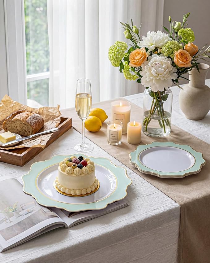 WDF 100PCS Mint Green Plastic Plates - Green Spring Plates Disposable - Heavy Duty Scalloped Plastic Plate for Parties/Wedding/Spring