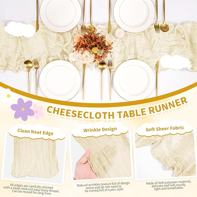 Pesonlook 6 Pack Cheesecloth Table Runner,Ivory Table Runner Long Romantic Semi Sheer Rustic Boho Gauze Table Runners for Wedding Bridal Shower Birthday Party Decorations(17.7×108 Inch)
