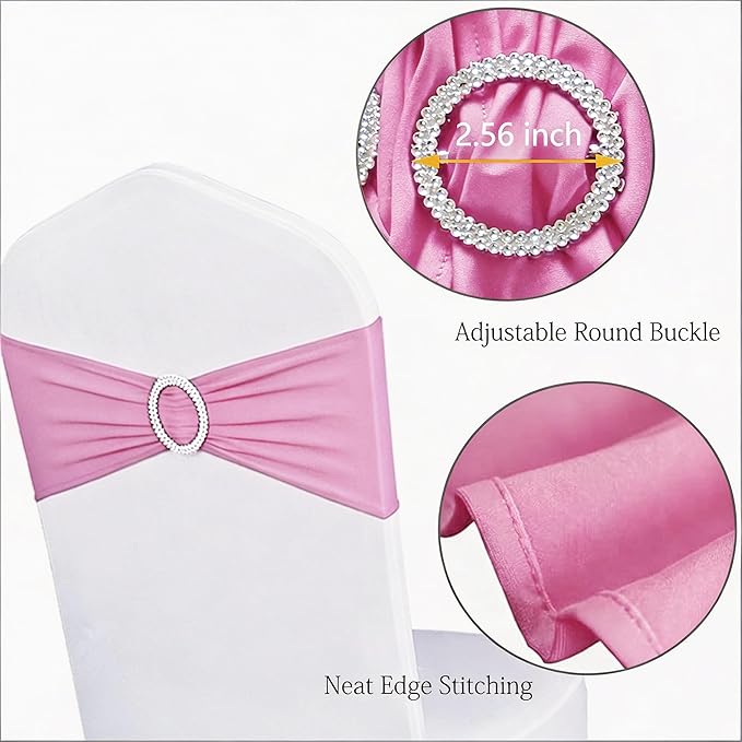 Spandex Pink Chair Sashes 50 Pack Light Pink Chair Bows Bands with Silver Buckle for Wedding Birthday Party Baby Shower Anniversary Engagement Christmas Events Decorations