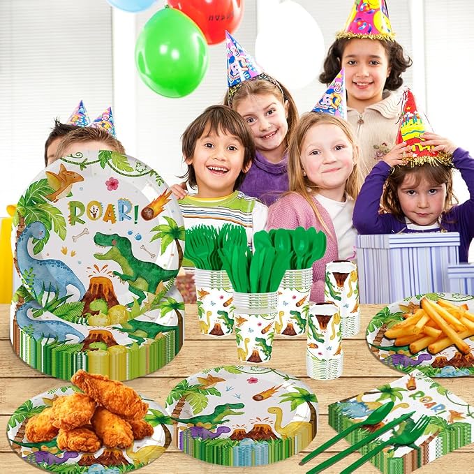 140Pcs Dinosaur Birthday Party Supplies Tableware Set Dinosaur Party Decorations Plates and Napkins Baby Shower Dino Party Paper Plates, Serve for 20