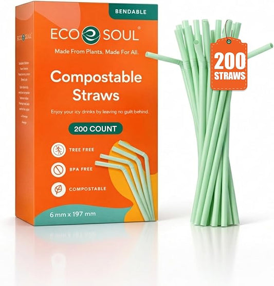 ECO SOUL Straws [200 Count][8.25"] Eco-Friendly Disposable Straws, Cocktail Cold Drink Smoothie Bendable