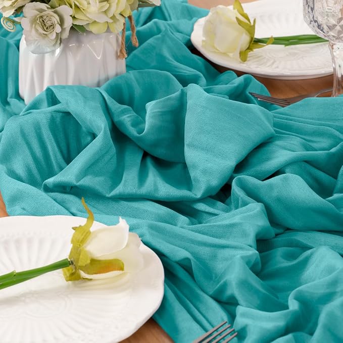 LINXTAR Teal Cheesecloth Table Runner 4 Pack 120 Inches 10Ft Gauze Summer Boho Table Runner for Wedding Tea Party Baby Shower Bridal Birthday Home Decoration