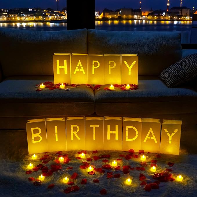 Homemory Happy Birthday Light Up Letters Luminary Bags with Flameless Candles and 2000 Fake Rose Petals, Happy Birthday Banner Sign Party Decoration for Women Men