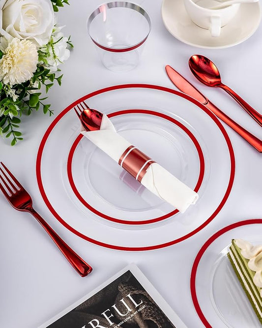 BESTVIP 175PCS Plastic Clear & Red Plates for Party, Disposable Dinnerware Sets Suitable for 25 Guests, 50 Plastic Plates, 25 Cups, 25 Pre-Rolled Napkins with Cutlery for Christmas, Wedding
