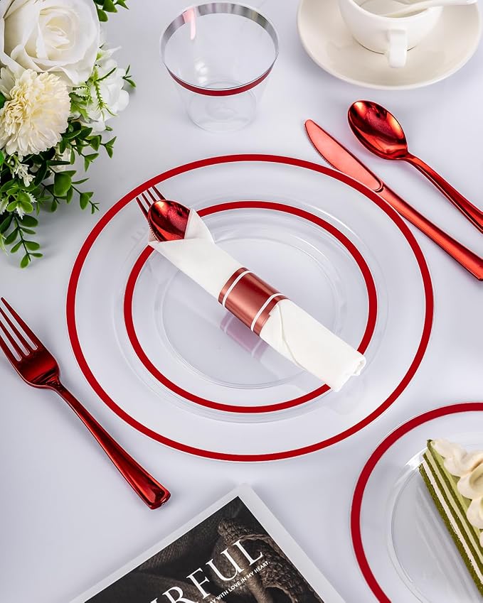 BESTVIP 350PCS Disposable Clear Red Dinnerware Sets for 50 Guests, Plastic Plates for Party, 100 Plastic Plates, 50 Cups, 50 Pre-Rolled Napkins with Cutlery for Parties, Christmas, Wedding
