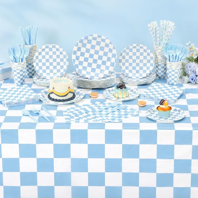 Funnymoom 452 Pcs Light Blue and White Gingham Party Supplies for 50, Blue Checkered Gingham Paper Plates Napkins Cups Tablecloth Cutlery Straws for Baby Shower Picnic Camping Birthday Decoration