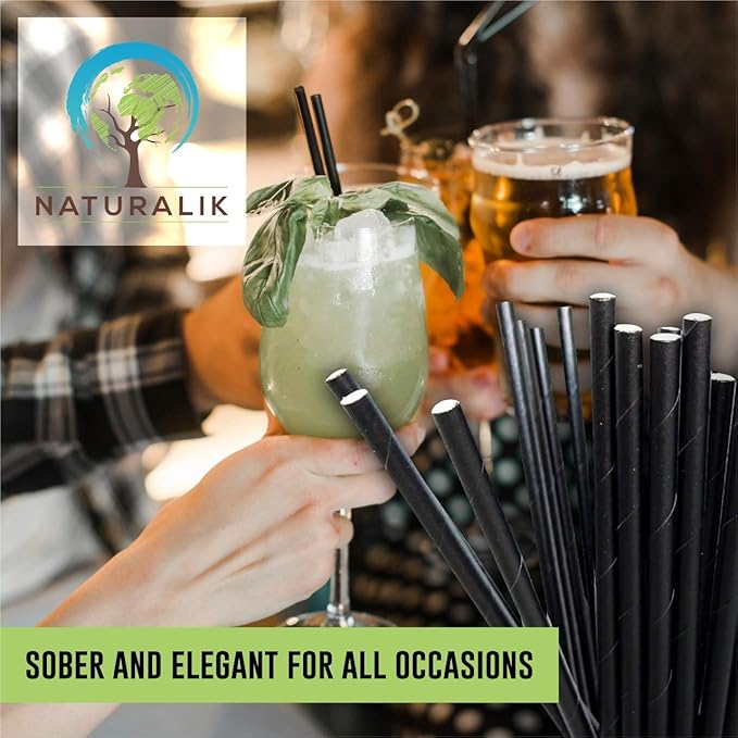 Naturalik 300-Pack Black Individually Wrapped Paper Straws - 100% Biodegradable Premium Paper Straws Bulk - Drinking Straws for Juices, Smoothies, Restaurants (Regular 7.7", Black)