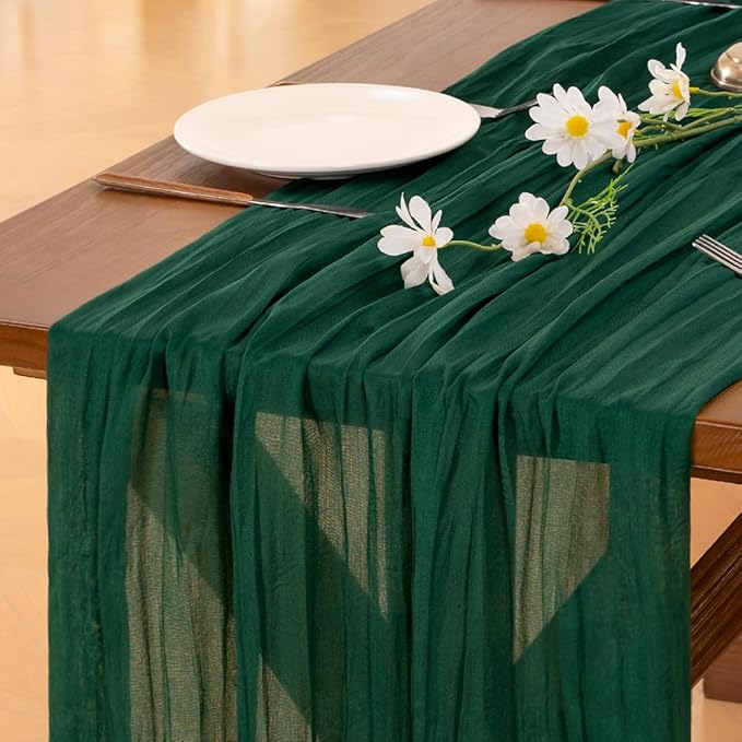 Socomi 3pcs Emerald Green Cheesecloth Table Runner Summer Boho Rustic Gauze 120 inch 10FT Cheese Cloth Sheer Runner for Wedding Party Baby Shower Birthday Home Decor Holiday Decorations