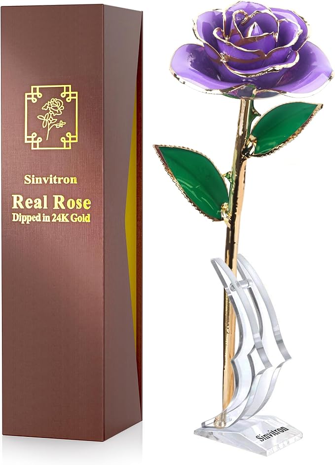 Sinvitron Gold Dipped Infinity Rose - Eternal Resin-Preserved Rose | Forever Flower Decor for Birthdays, Mother’s Day, Anniversaries | Unique Gift for Women, Mom, Wife (Lavender Purple)