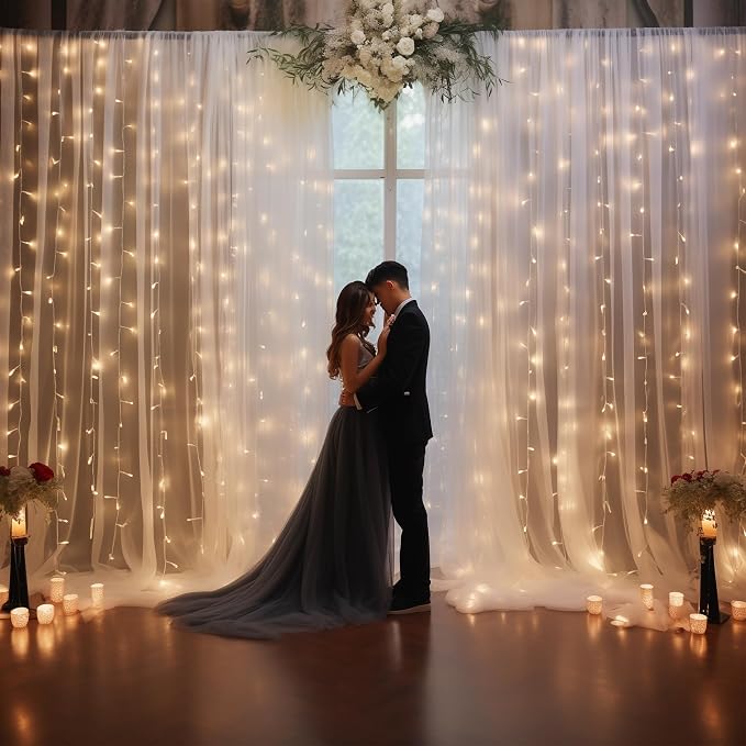 10ft x 10ft White Chiffon Backdrop Curtain with Lights String for Parites Wedding Wrinkle Free Curtain Photo Backdrops Drapes for Baby Shower Birthday Party Home Decorations