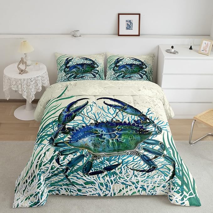 Feelyou Crab Printed Comforter Set Full Size Kids Summer Theme Comforter for Boys Girls Teens Marine Themed Bedding Set Underwater Animal Duvet Set Ocean Creature Quilt