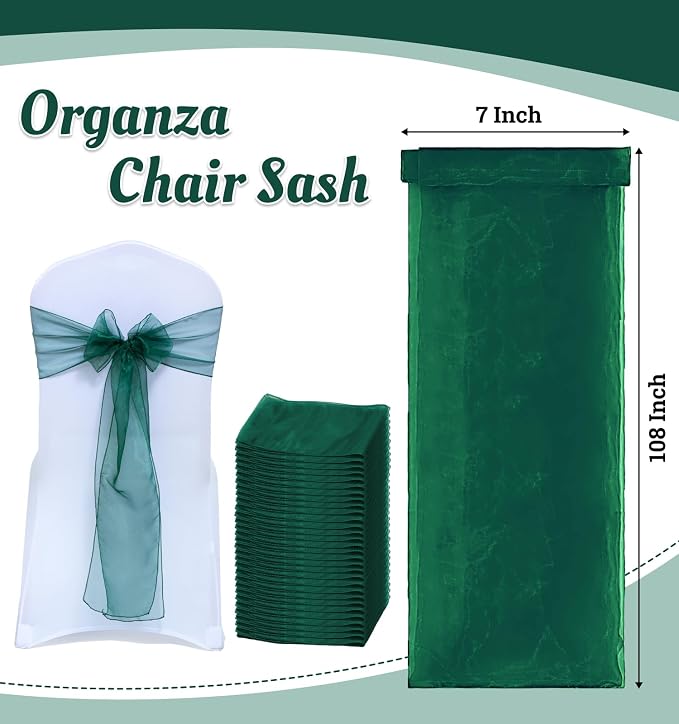 MDS® Pack of 200 Organza Chair Sashes for Wedding Decoration, Reusable Sheer Chair Bows for Banquet Chair Cover, Reception, Bridal Shower, Baby Shower, Birthday Party & Special Events - Hunter Green