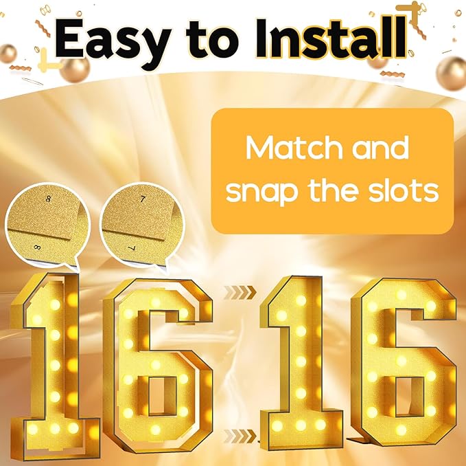 Light Up Number 16, Marquee Light Up Numbers 4FT Gold, Large Led Numbers Lights for Sweet 16th Birthday, 4 Feet Tall DIY Frame Pre-Cut Foam Board Kit for Night Light Party Anniversary Decorations