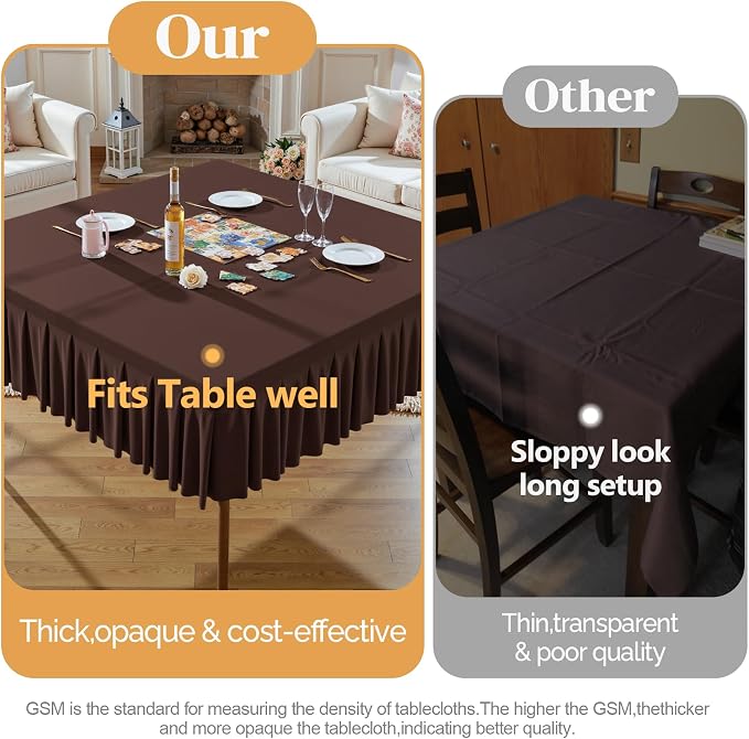 2 Pack Chocolate Spandex Tablecloths for 34x34 Inch Square Tables, Stretch Fitted Table Clothes with Pleated Ruffle Skirt for 34” Table, Wrinkle Free and Elastic, for Party Kitchen Home Dining