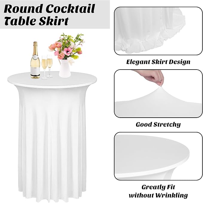Kochorie 6 Pieces Cocktail Table Skirt Round Cocktail Table Covers 32 x 43 Inch Spandex Stretch High Top Table Cloth for Wedding Table Bar Banquet Party Supplies (White)
