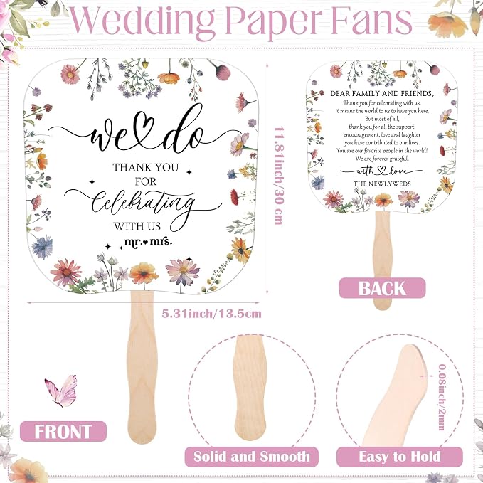 Fumete Wedding Favors for Guests 50 Pcs Wedding Fans and 1 Pc Table Sign Portable Paper Fan with Wooden Handle Hand Fan for Bridal Shower Party Favor Appreciation Gift(Wildflower)