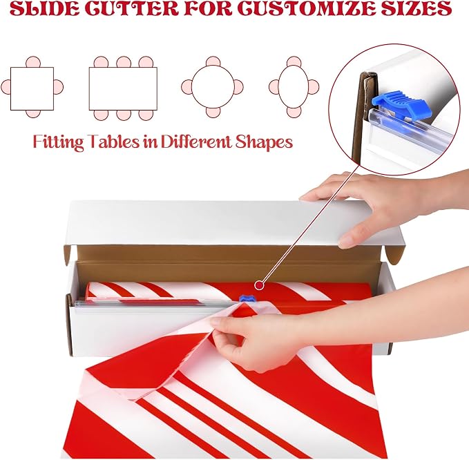Kochorie 100 Ft x 54 Inch Christmas Candy Cane Striped Tablecloth Roll with Slide Cutter Box Red and White Table Cover Christmas Tablecloth Wall Backdrop Xmas Home Holiday Party Supplies