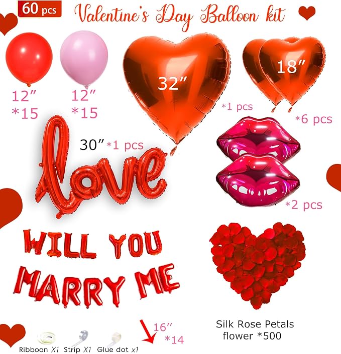 Will You Marry Me Decorations red Will You Marry Me Proposal red lips Foil Letter Balloon Heart Shaped Petal Balloon for Valentine's Day